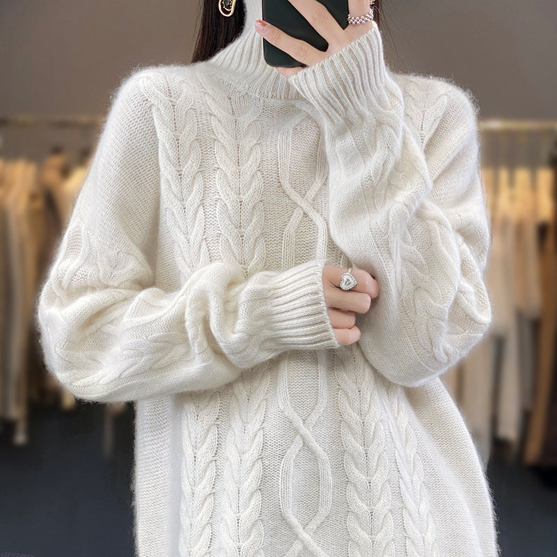 Damen Zopfstrick Pullover in Naturbeige mit Rundhalsausschnitt und Rippbündchen
