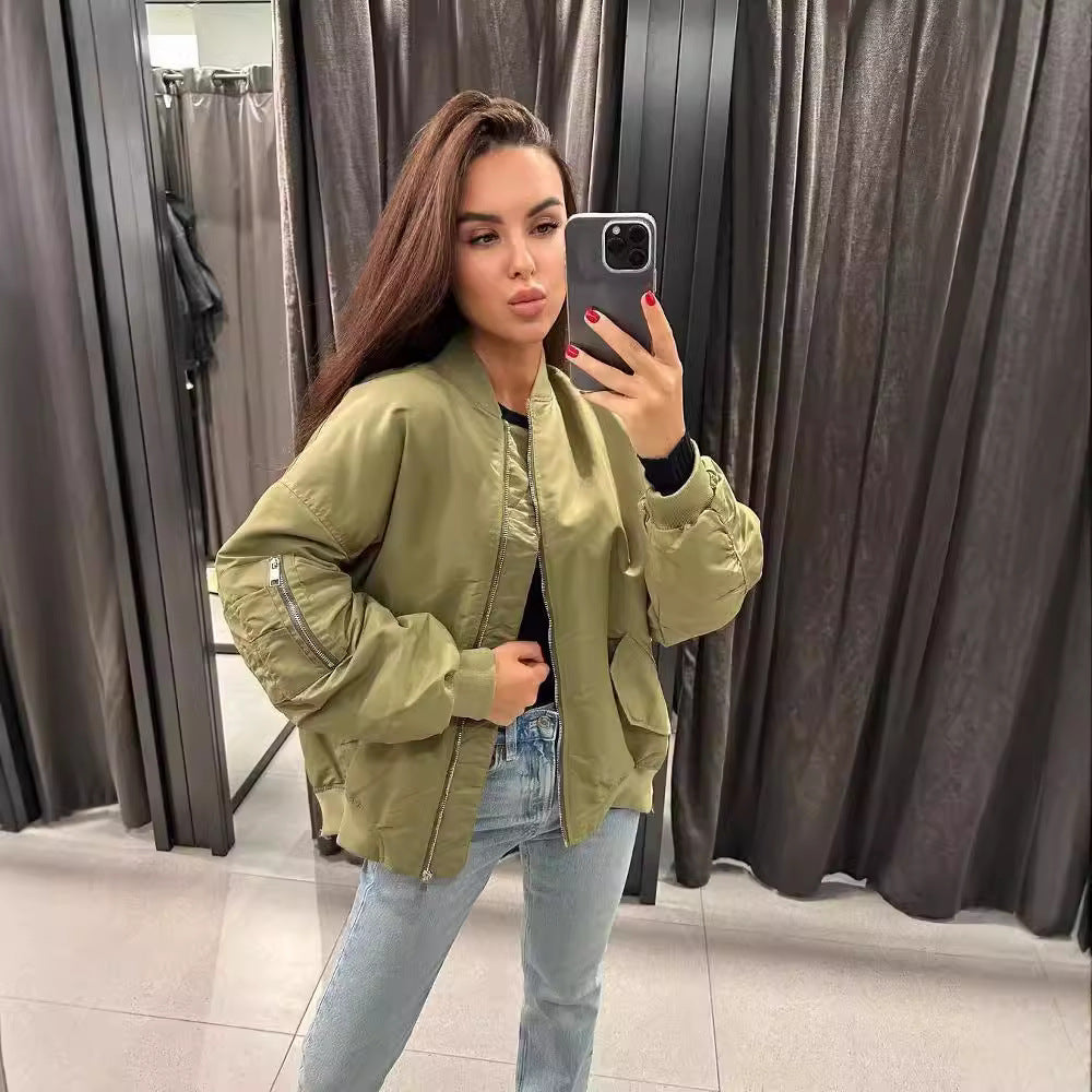 Bomberjacke Damen Reißverschluss Olivgrün mit Rippbündchen
