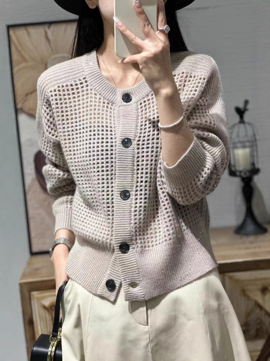 Damen Strick-Cardigan mit Lochmuster und Knopfleiste