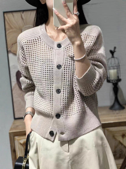 Damen Strick-Cardigan mit Lochmuster und Knopfleiste