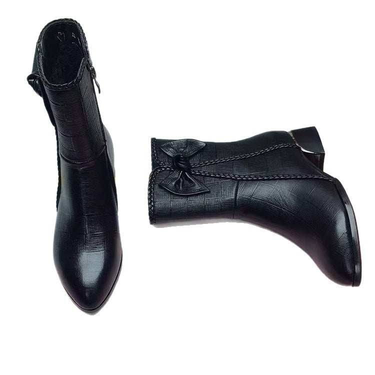 Damen Stiefeletten mit Schleife und Zopfmuster Applikation