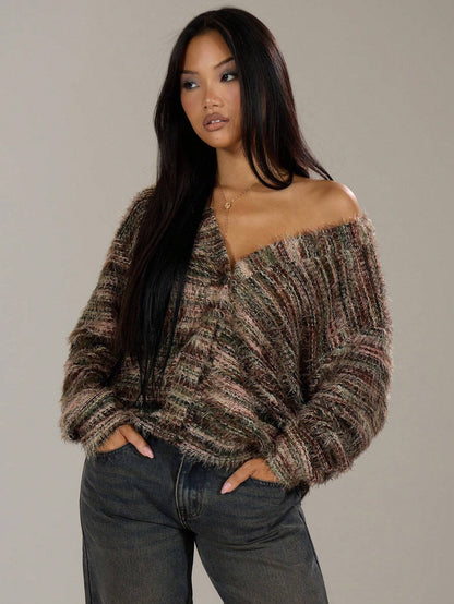 Damen Flauschiger Strick Cardigan mit V-Ausschnitt und Knopfleiste