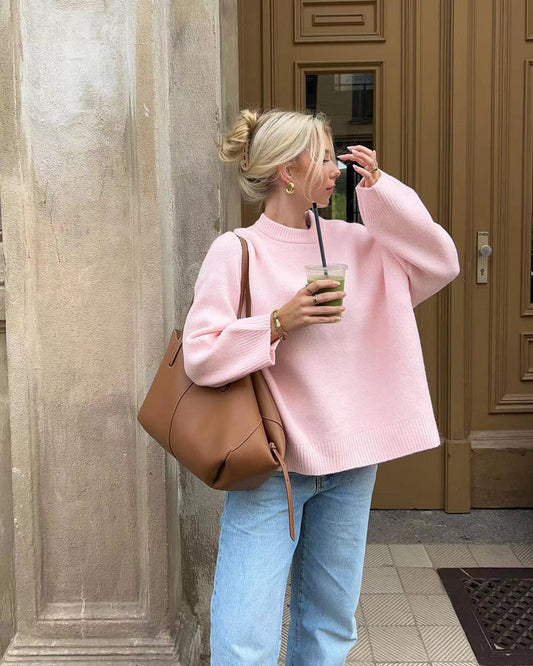 Rosa Damen Pullover mit Rundhals und weiten Ärmeln