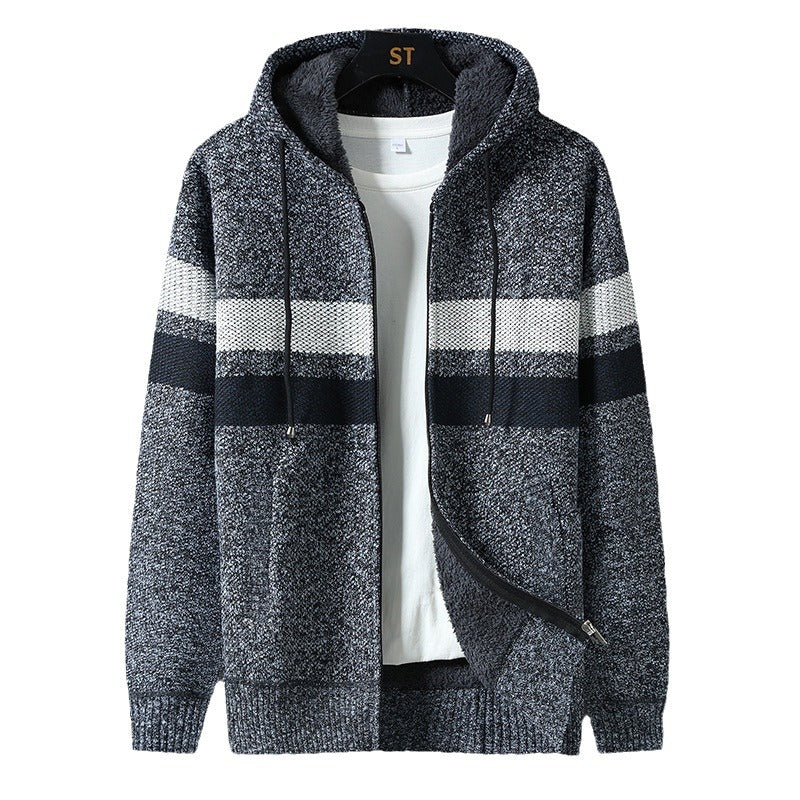 Herren Strickjacke mit Kapuze & Reißverschluss, gefüttert, gestreift
