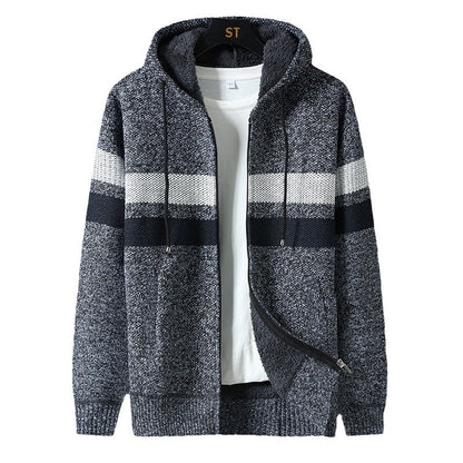 Herren Strickjacke mit Kapuze & Reißverschluss, gefüttert, gestreift