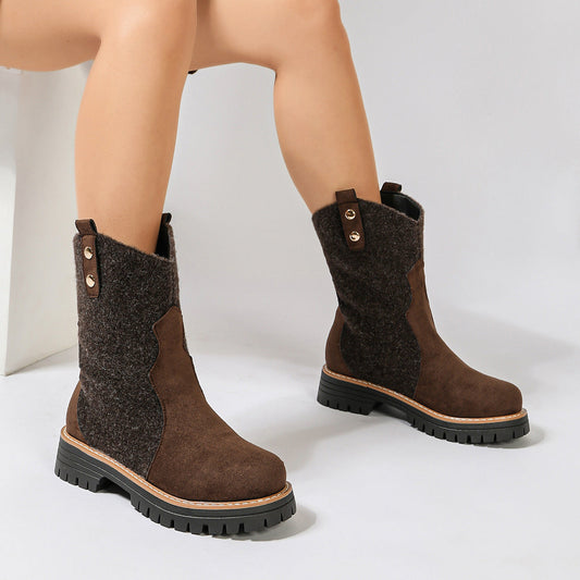 Damen Stiefel Braun mit Strukturmuster Robuste Sohle Mid-Calf Boot