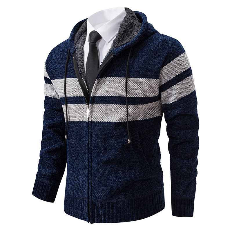 Herren Strickjacke mit Kapuze, Reißverschluss und Streifen, gefütterter Kapuzenpullover