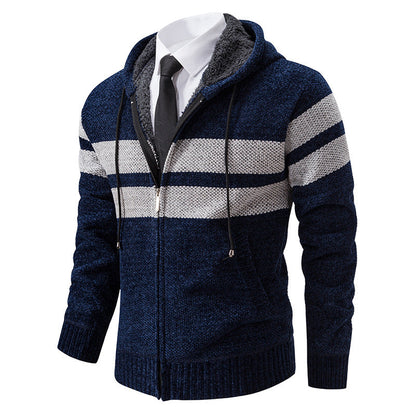 Herren Strickjacke mit Kapuze, Reißverschluss und Streifen, gefütterter Kapuzenpullover