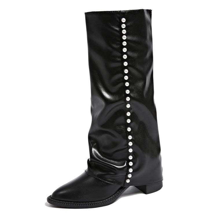 Damen Stiefel in Knöchelhöhe mit Perlenbesatz, lockerer Schaft, Schwarz oder Braun