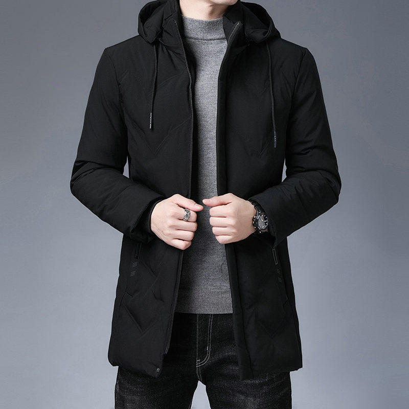 Herren Steppjacke mit Kapuze, mittellang, Reißverschluss, Schwarz