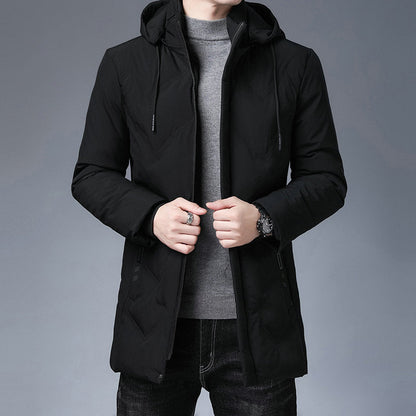 Herren Steppjacke mit Kapuze, mittellang, Reißverschluss, Schwarz
