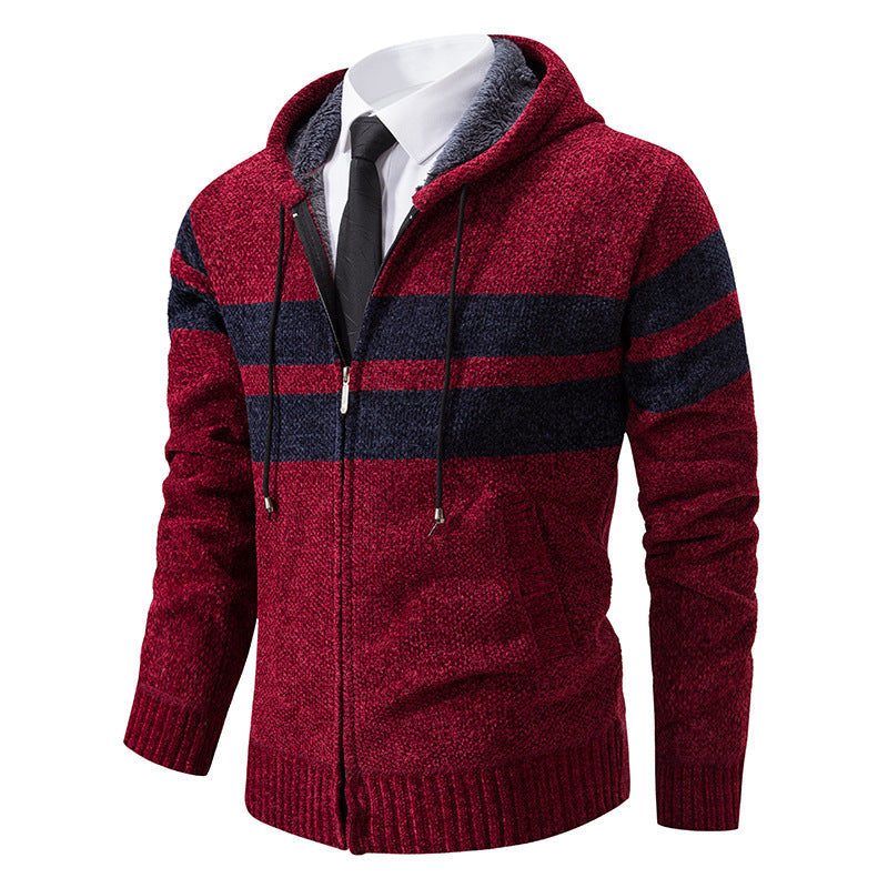 Herren Strickjacke mit Kapuze, Reißverschluss und Streifen, gefütterter Kapuzenpullover