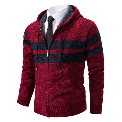 Herren Strickjacke mit Kapuze, Reißverschluss und Streifen, gefütterter Kapuzenpullover