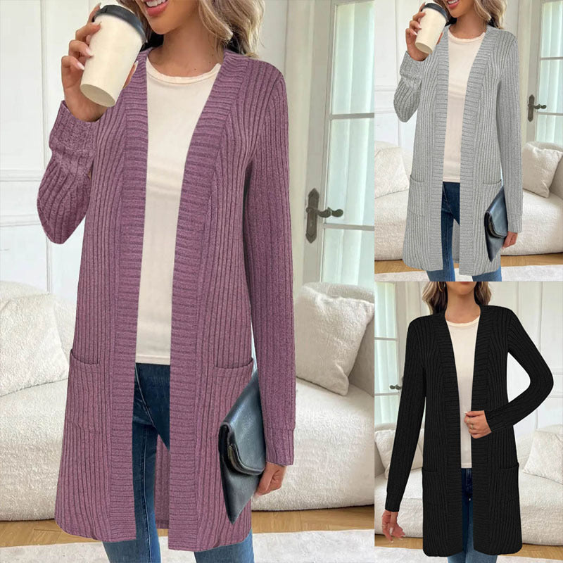 Damen Strick-Cardigan mit Rippmuster und Taschen, Lang, Offen