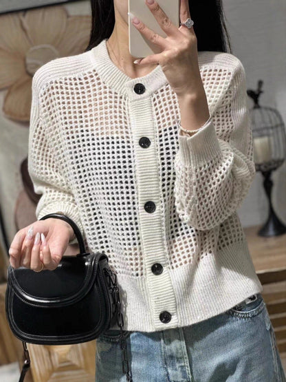Damen Strick-Cardigan mit Lochmuster und Knopfleiste