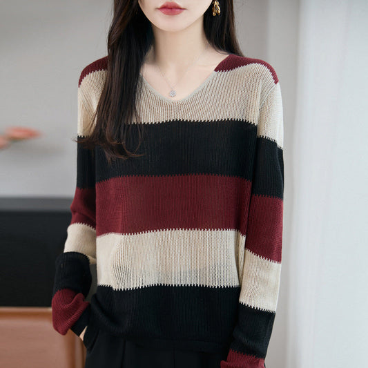Damen V-Ausschnitt Pullover Gestrickt Gestreift
