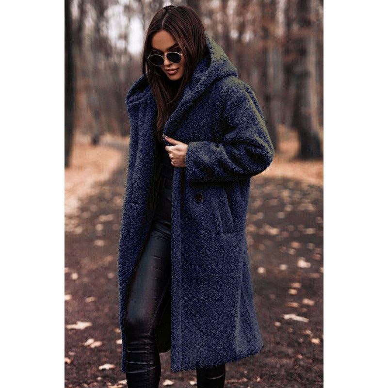 Damen Teddyfell-Mantel mit Kapuze – Langarm Wintermantel