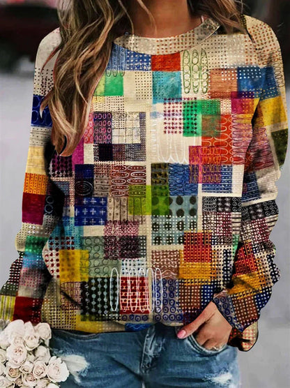 Damen Langarmshirt mit mehrfarbigem Patchwork- oder Strickmuster-Druck