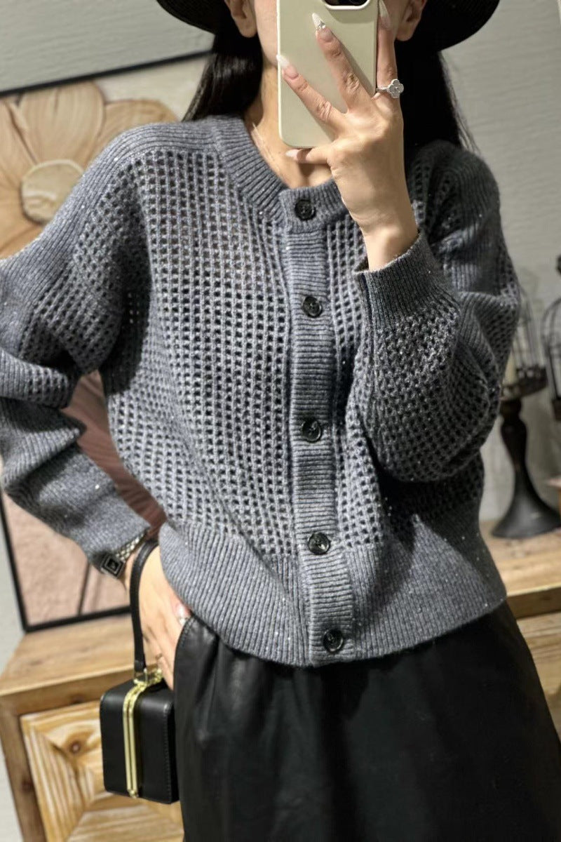 Damen Strick-Cardigan mit Lochmuster und Knopfleiste