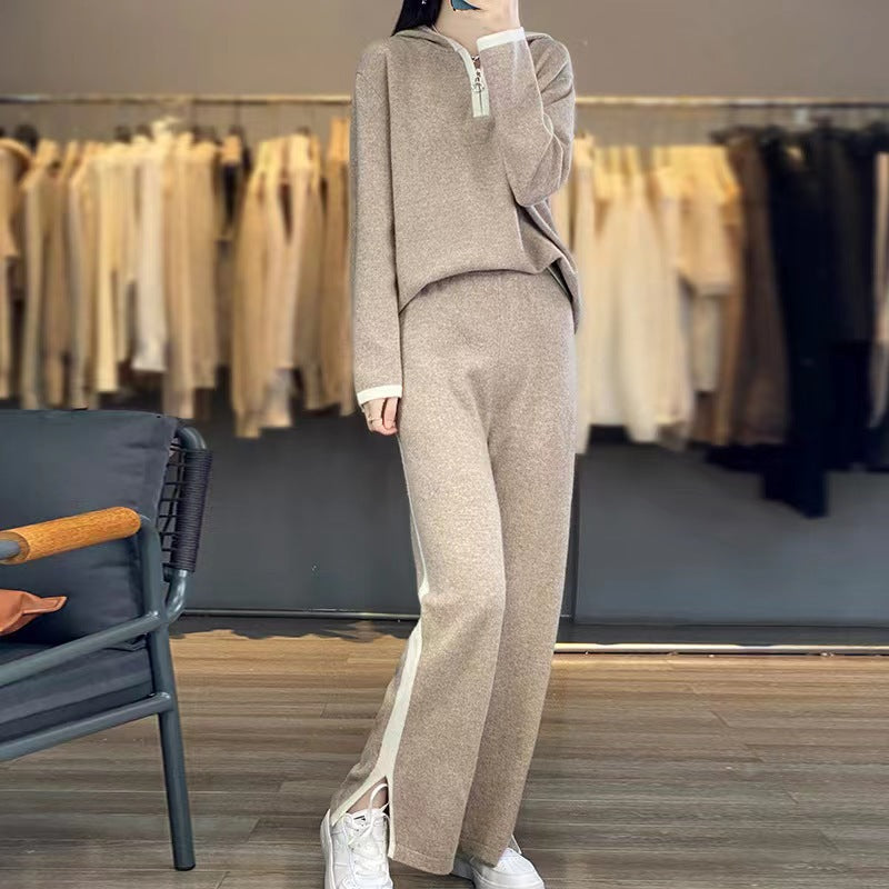 Damen Loungewear Set Schwarz Beige Reißverschluss Kapuzenpullover & weite Hose