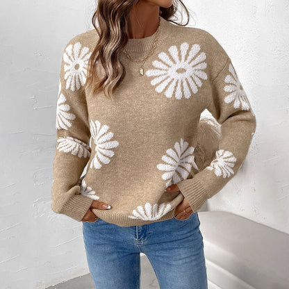 Damen Pullover Beige mit weißen Blumenmuster Rundhalsausschnitt Langarm Strick