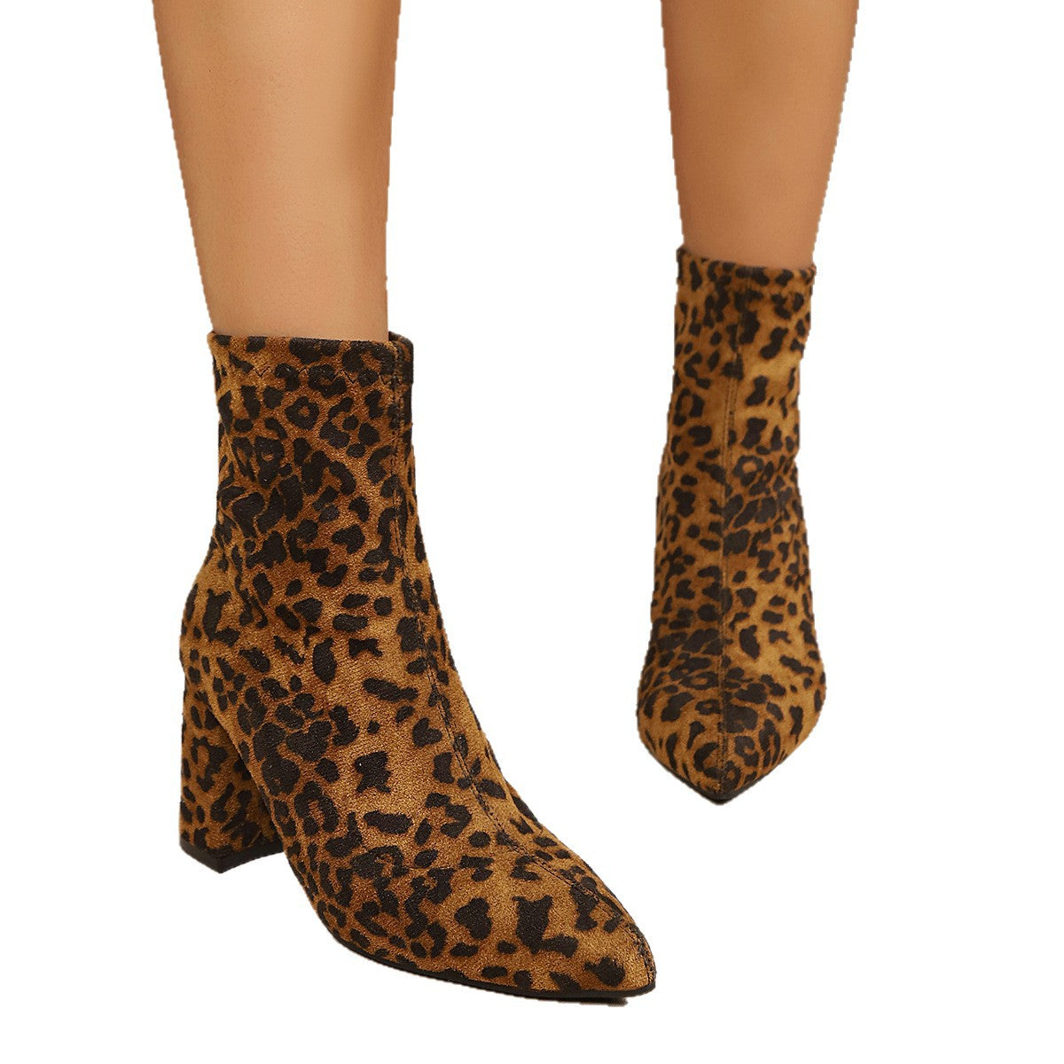 Damen Stiefeletten im Leopardenmuster mit Blockabsatz und spitzer Kappe