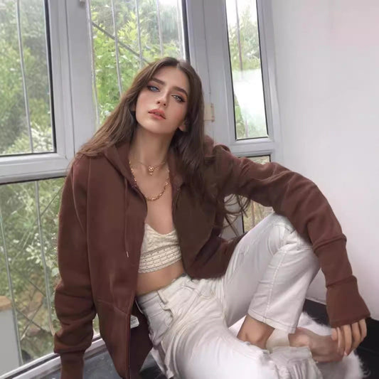 Übergroße Kapuzenjacke mit Reißverschluss für Damen, einfarbig