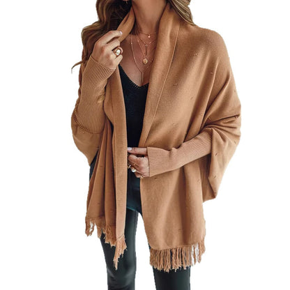 Damen Poncho Cardigan mit Fransen in Camel