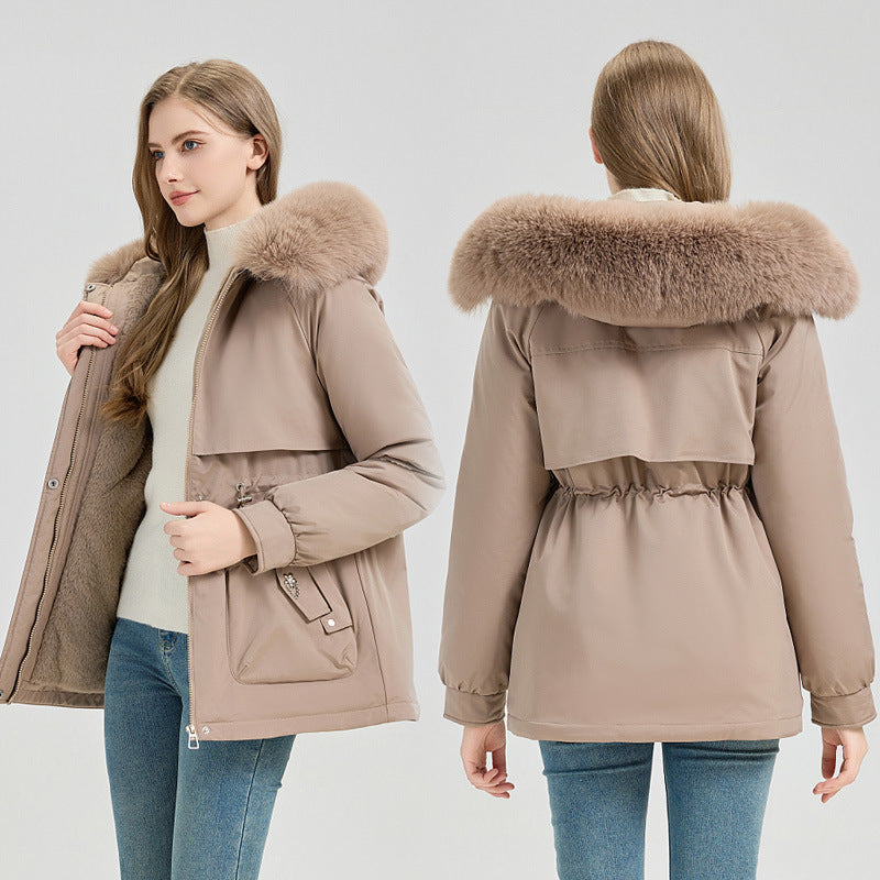 Damen Winterjacke Parka mit Kapuze und Fellimitatrand