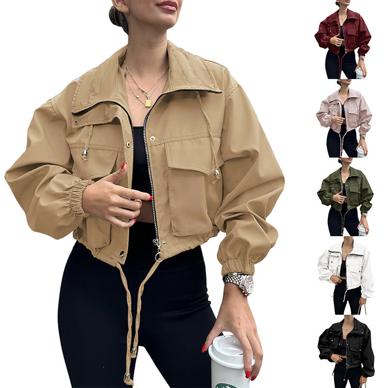 Kurze Damen Bomberjacke mit Stehkragen & Taschen