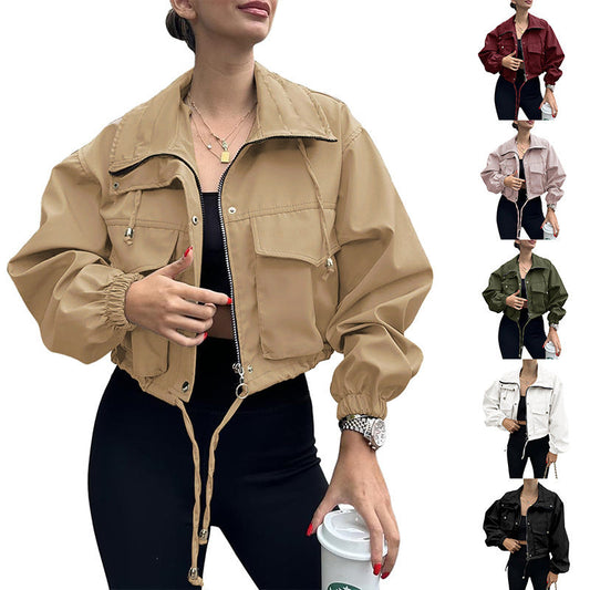 Kurze Damen Bomberjacke mit Stehkragen & Taschen