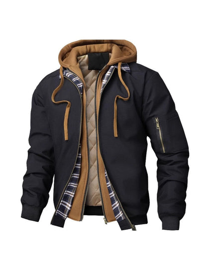 Herren Bomberjacke mit Kapuze und Karofutter - Schwarz