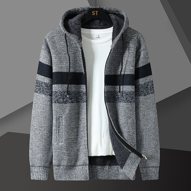 Herren Strickjacke mit Kapuze & Reißverschluss, gefüttert, gestreift