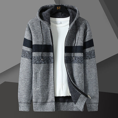 Herren Strickjacke mit Kapuze & Reißverschluss, gefüttert, gestreift