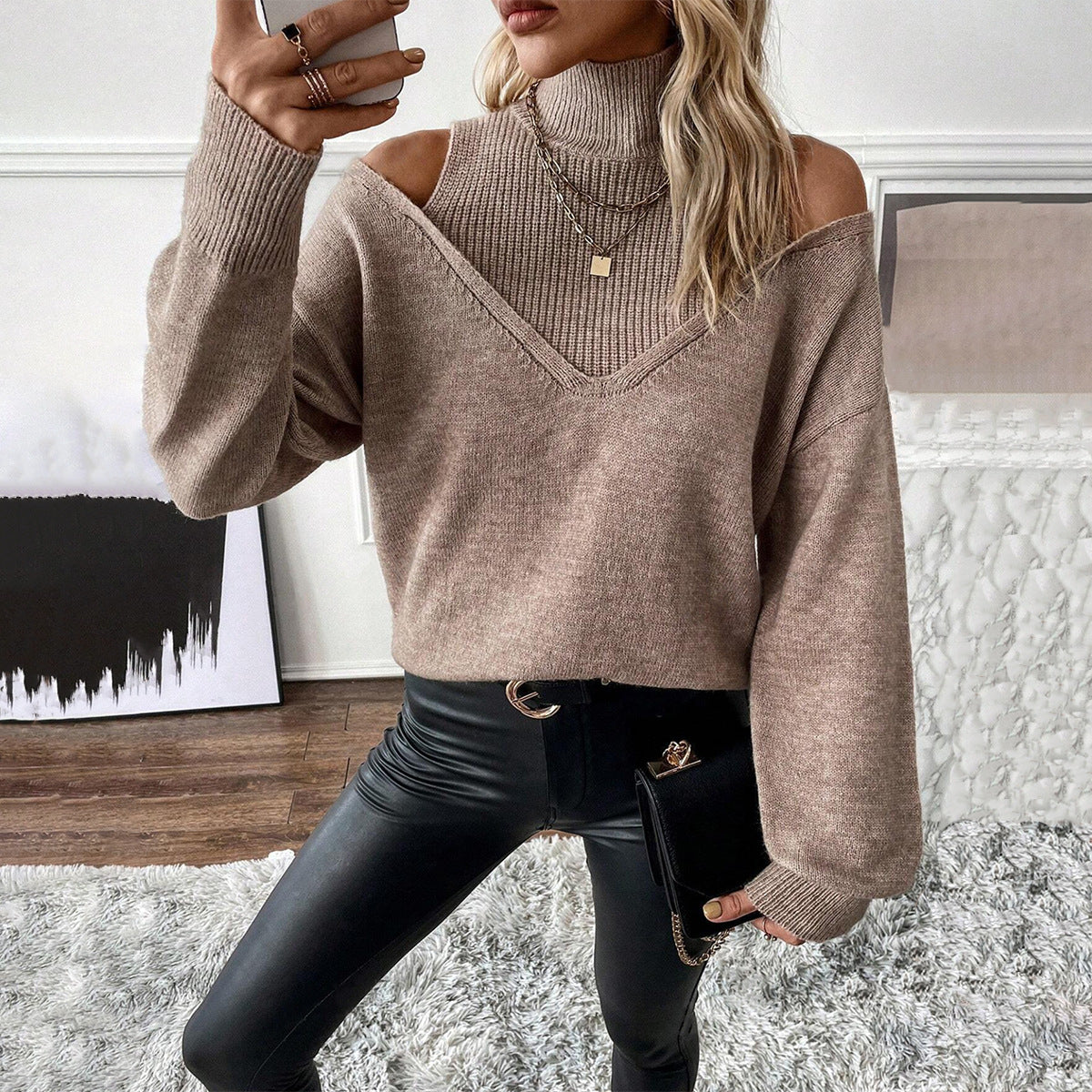 Damen Strickpullover Cold Shoulder Rollkragen Oversize V-Ausschnitt