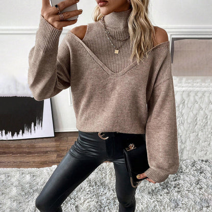 Damen Strickpullover Cold Shoulder Rollkragen Oversize V-Ausschnitt