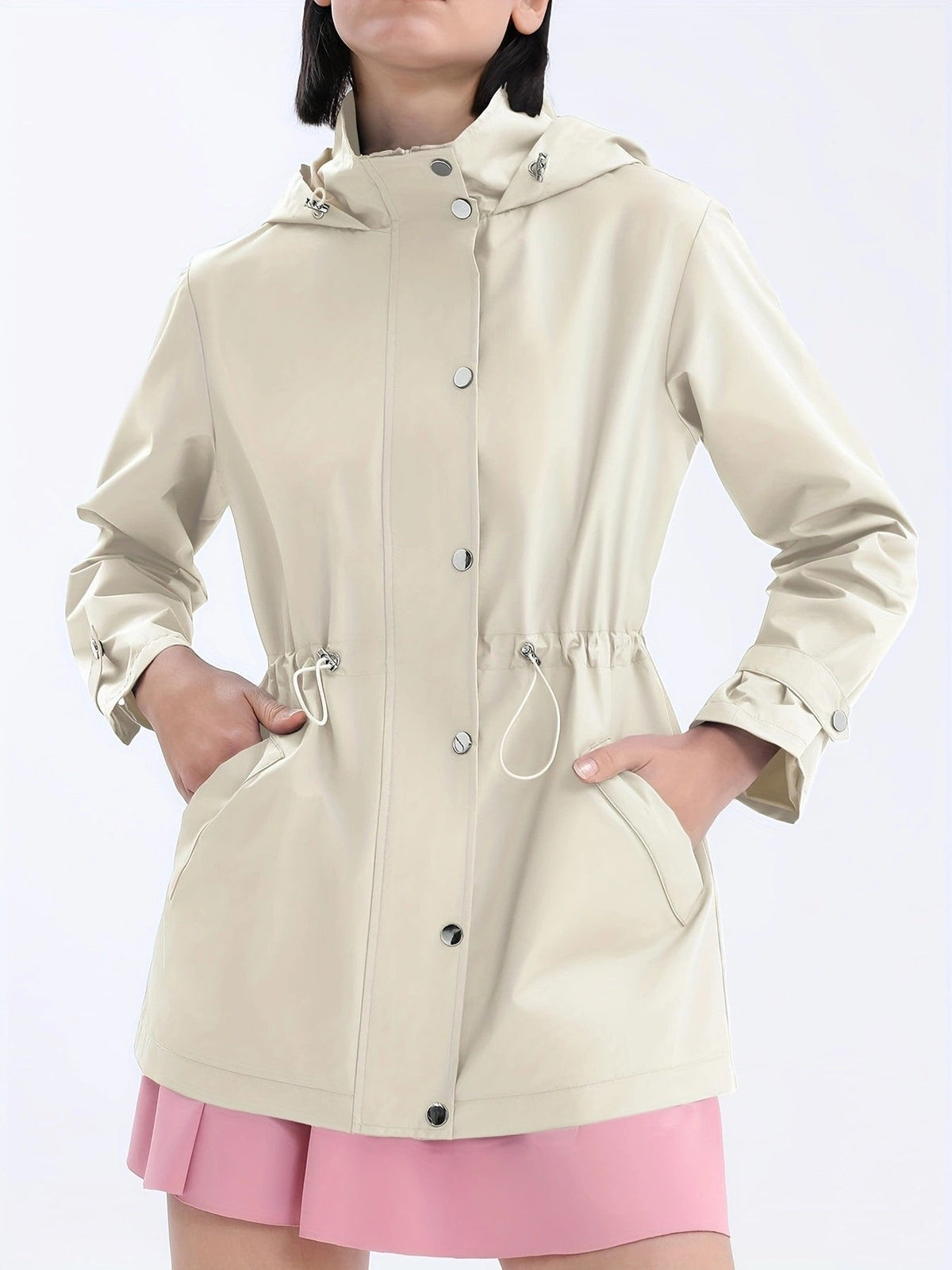 Damen Regenjacke mit Kapuze und Tunnelzug in Elfenbein, Schwarz, Lavendel oder Olivgrün