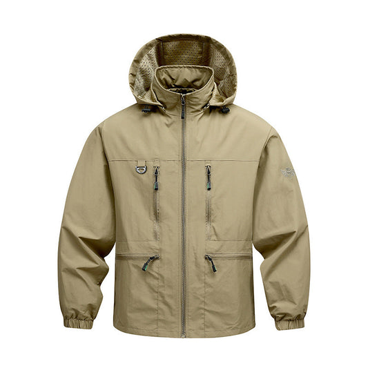 Unisex Outdoorjacke mit Kapuze Reißverschlusstaschen Khaki