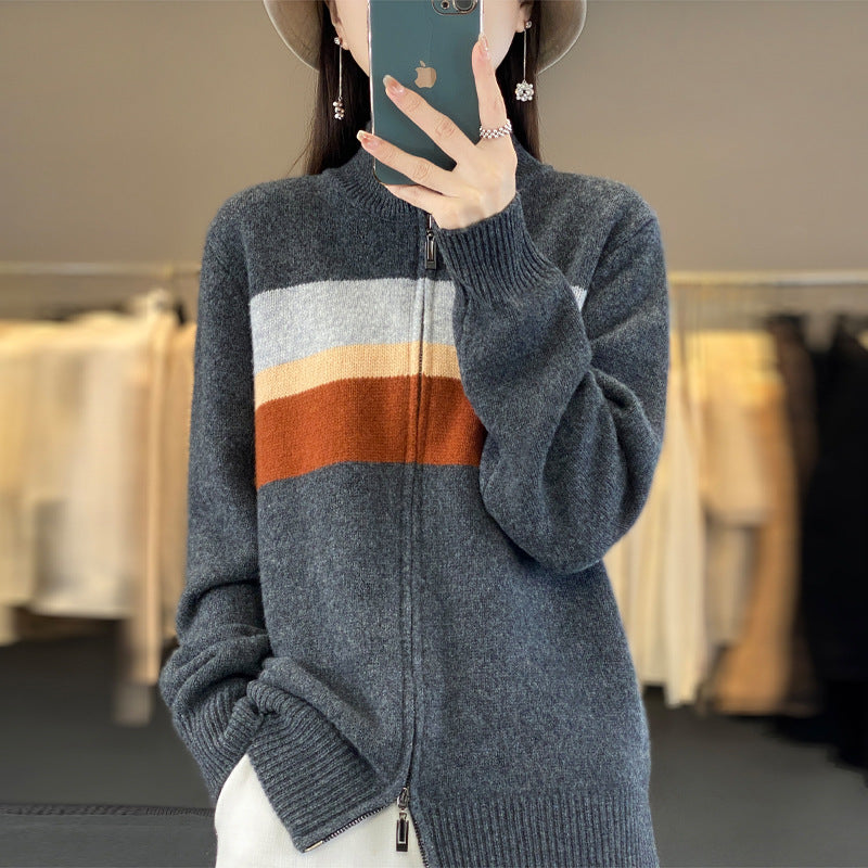 Damen Strickjacke mit Reißverschluss, Stehkragen und Farbblock-Design in Grau
