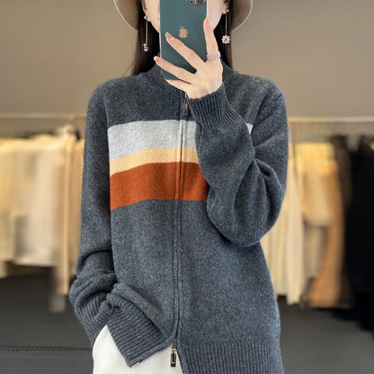 Damen Strickjacke mit Reißverschluss, Stehkragen und Farbblock-Design in Grau