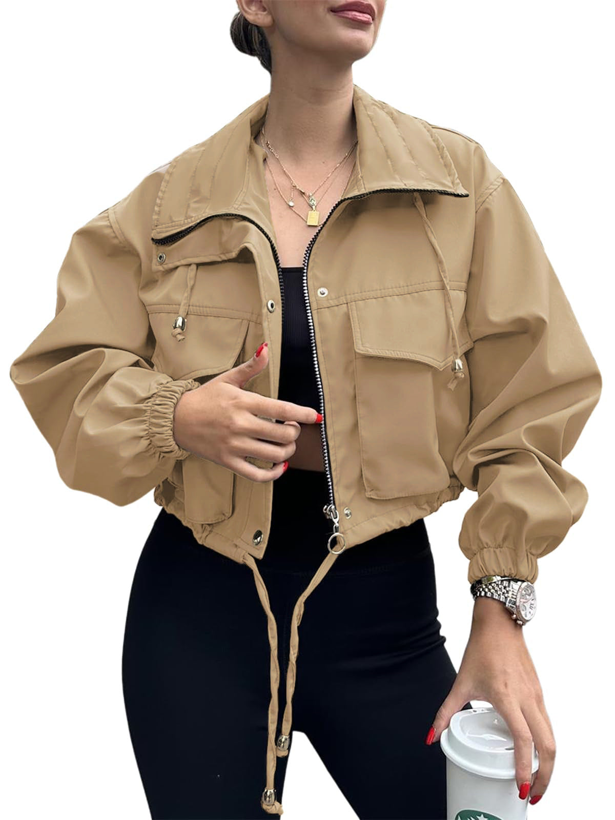 Kurze Damen Bomberjacke mit Stehkragen & Taschen