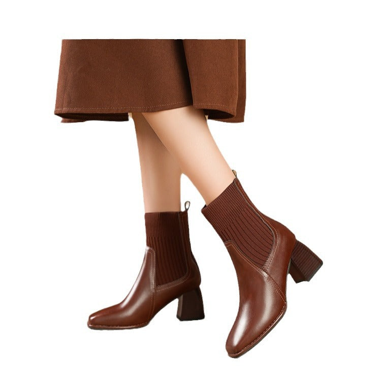 Damen Stiefelette mit Blockabsatz und Strickeinsatz in Braun