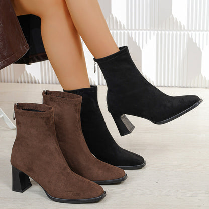 Damen Stiefelette mit Blockabsatz, Reißverschluss und eckiger Spitze