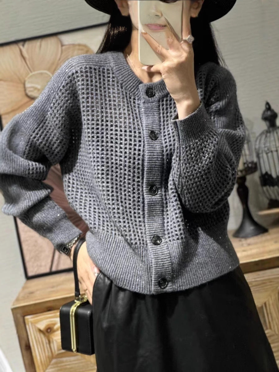 Damen Strick-Cardigan mit Lochmuster und Knopfleiste