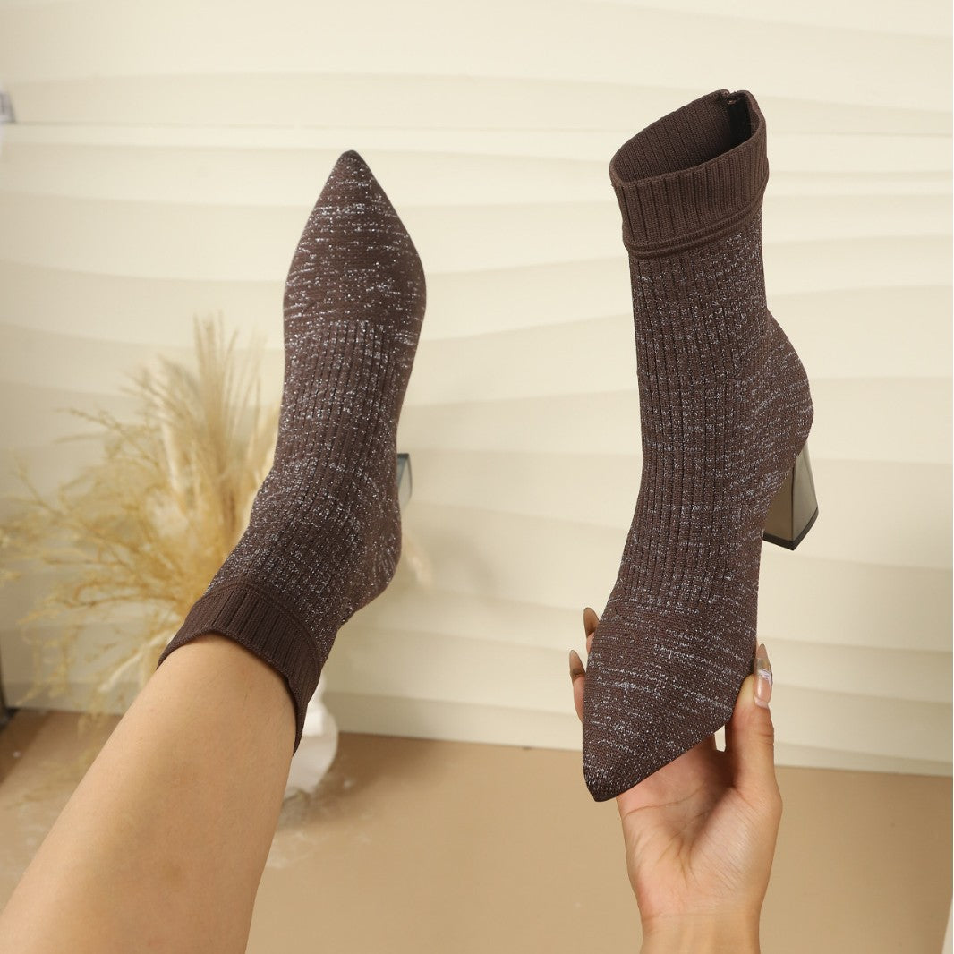 Damen Strickstiefeletten Spitzer Zeh Blockabsatz Glitzerndes Garn Socken Stiefeletten