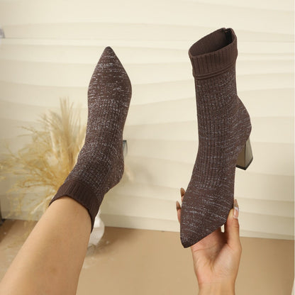 Damen Strickstiefeletten Spitzer Zeh Blockabsatz Glitzerndes Garn Socken Stiefeletten
