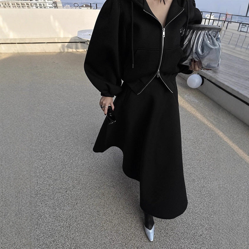 Damen Hoodie & Midirock Set mit Puffärmeln, Zweiteiler