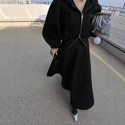 Damen Hoodie & Midirock Set mit Puffärmeln, Zweiteiler