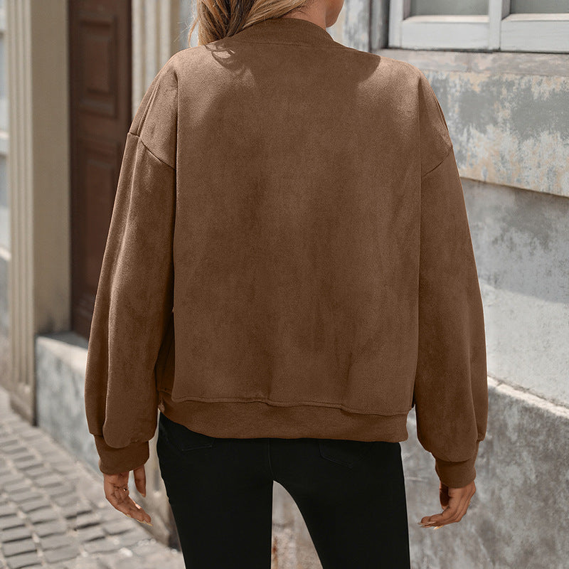 Damen Bomberjacke Braun mit Reißverschluss und Pattentaschen