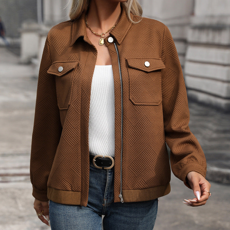 Damen Bomberjacke Braun mit Reißverschluss und Brusttaschen